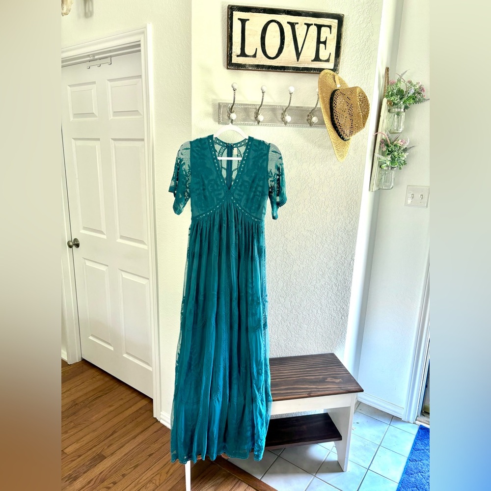 PinkBlush Teal Lace Mesh Overlay Maternity Maxi Dress size small